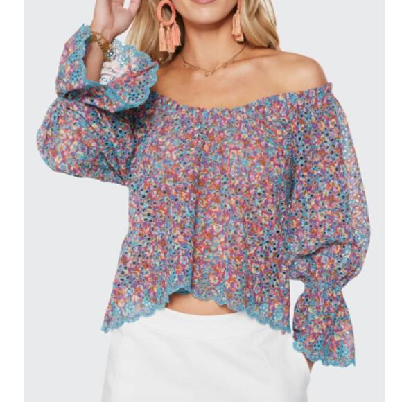 Ramy Brook Embroidered Eyelet Oakleigh Printed Off Shoulder Top Blouse Summer - Picture 1 of 11
